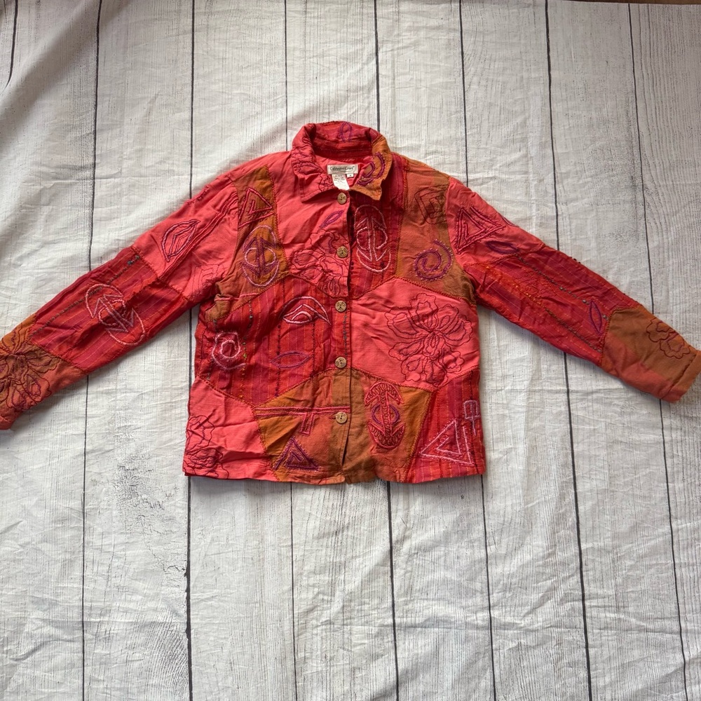 Coldwater Creek Jacket Size Medium Pink Red Embroidered Patchwork Rayon Silk